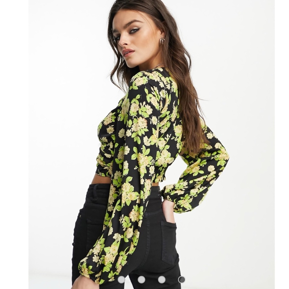 MNG Mango Floral Crop Top Black Lime Green Balloon Sleeve Cottagecore Fairy Boho - Picture 14 of 15
